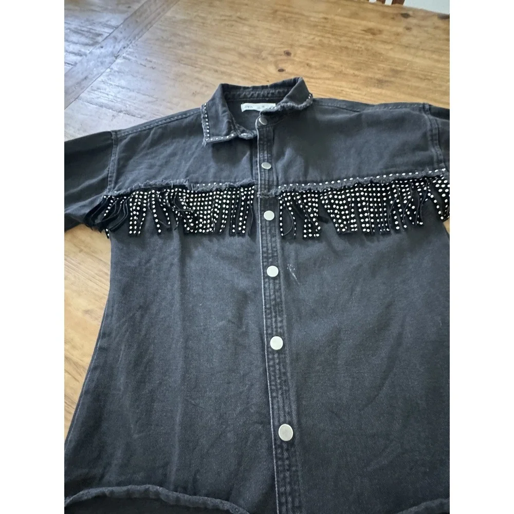 Zara Girl's Black Denim Studded Fringed Shirt Jacket Black Size 10 Snap